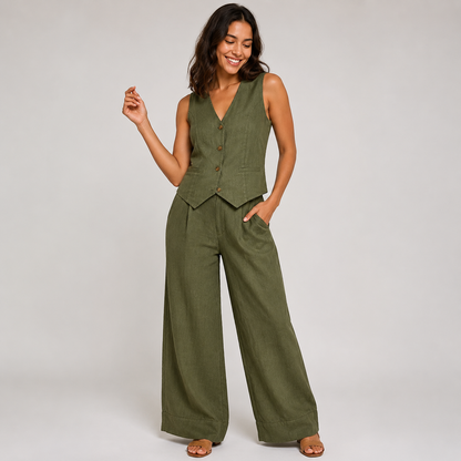2-Piece Cotton Linen Matching Set - V-Neck Button-Down Vest & High-Waisted Wide-Leg Pants Suit