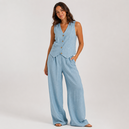 2-Piece Cotton Linen Matching Set - V-Neck Button-Down Vest & High-Waisted Wide-Leg Pants Suit