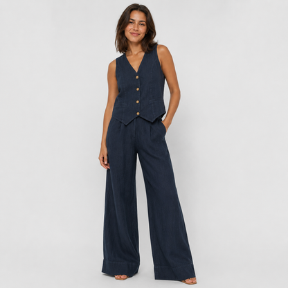 2-Piece Cotton Linen Matching Set - V-Neck Button-Down Vest & High-Waisted Wide-Leg Pants Suit