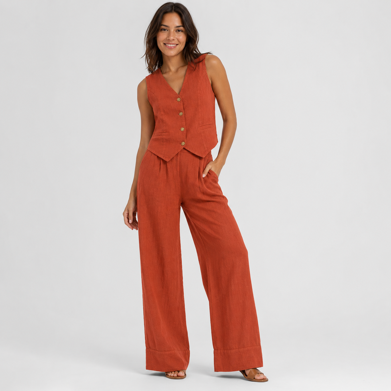 2-Piece Cotton Linen Matching Set - V-Neck Button-Down Vest & High-Waisted Wide-Leg Pants Suit