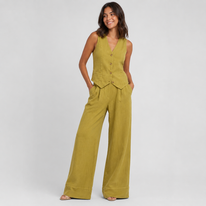 2-Piece Cotton Linen Matching Set - V-Neck Button-Down Vest & High-Waisted Wide-Leg Pants Suit