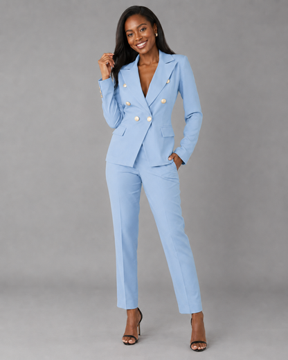 2-Piece Business Pant Suit - Double-Breasted Button Blazer & Slim Trousers Set