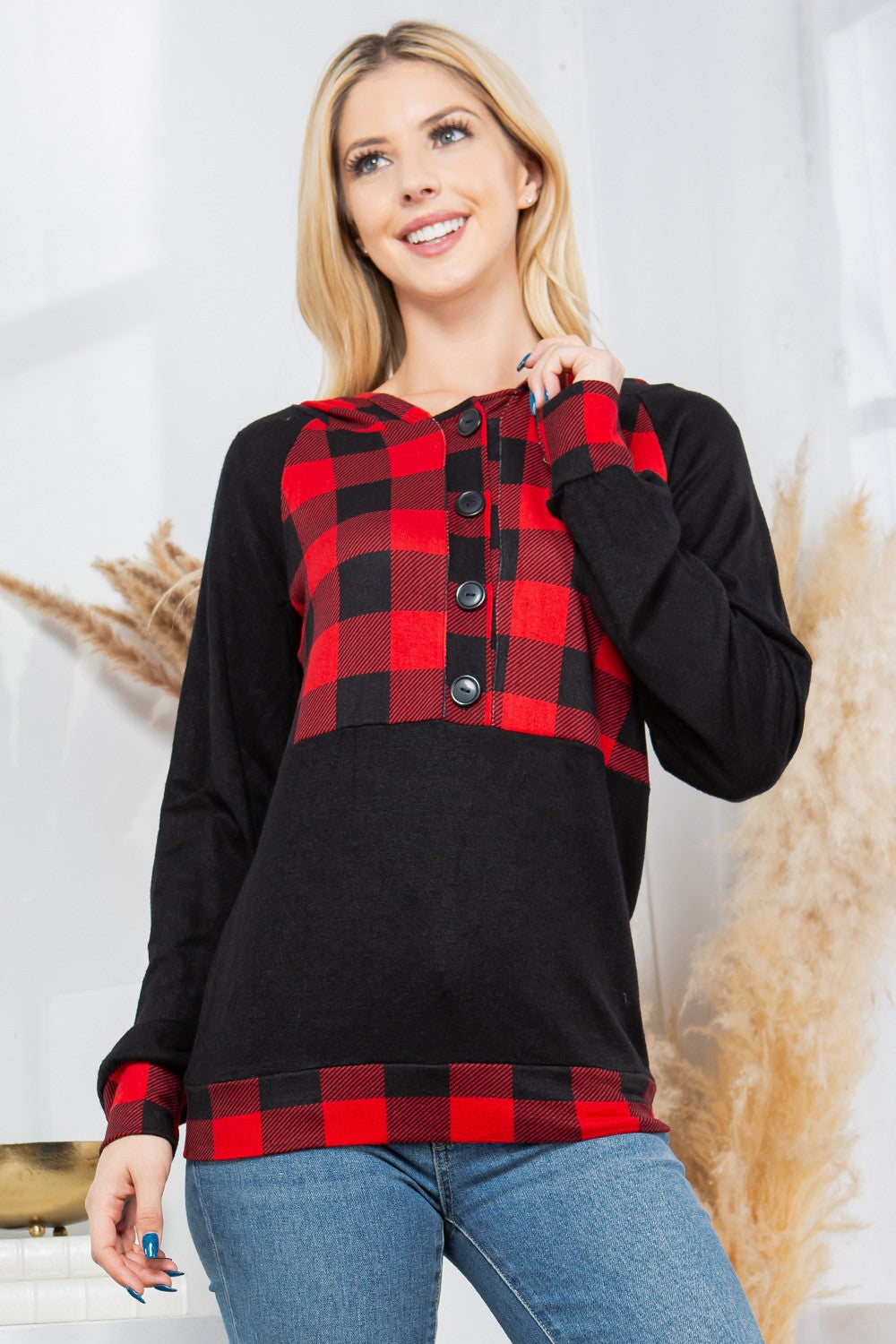 Plaid Print Button Down Hoodie