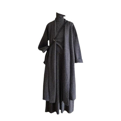 Fashionable Knitted Long Cardigan And Short Sweater Set With Half Skirt