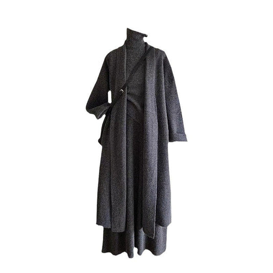 Fashionable Knitted Long Cardigan And Short Sweater Set With Half Skirt