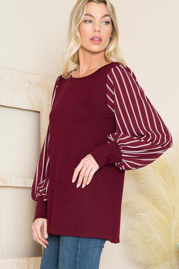 Stripe Chiffon Puff Sleeve Sweater Knit