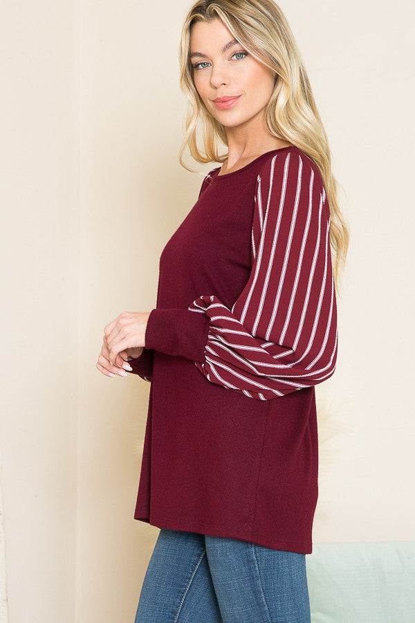 Stripe Chiffon Puff Sleeve Sweater Knit