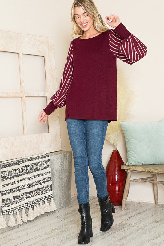 Stripe Chiffon Puff Sleeve Sweater Knit