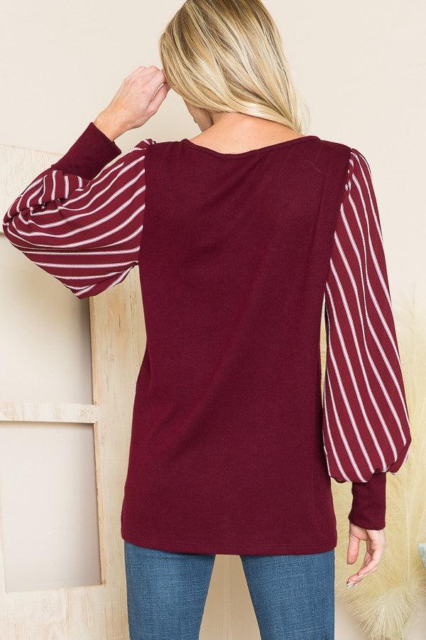 Stripe Chiffon Puff Sleeve Sweater Knit