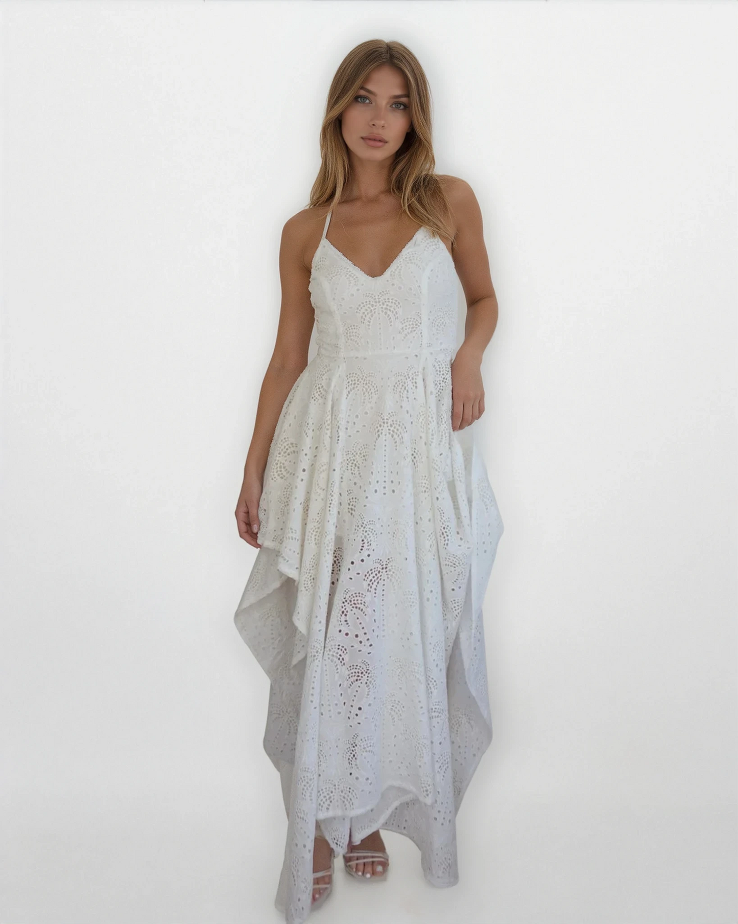 Palm Eyelet Cross Back Dress - White