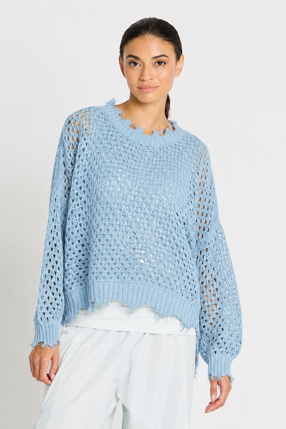 Pima Cotton Hamptons Crewneck Crochet Sweater - Cameo
