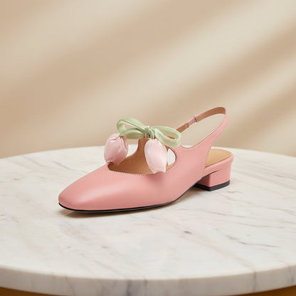 Women's French Style Leather Headband Sandals – Mid-Heel Round Toe