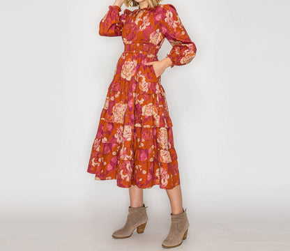 Rustic Rose Print Midi Dress