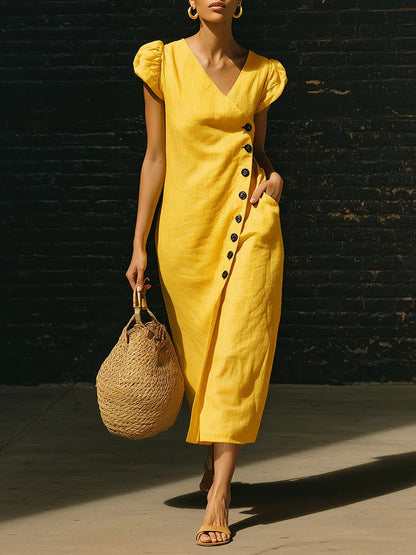 Women’s Casual V-Neck Short Sleeve Midi Dress