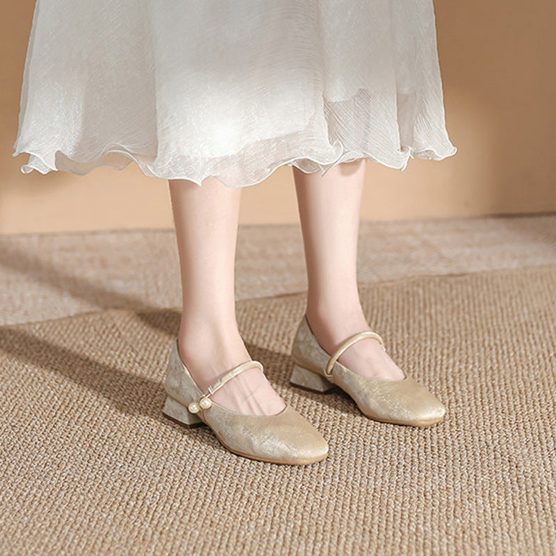 Women's Chinese-Style Square-Toe Mary Jane Flats – Microfiber Chunky-Heel Casual Shoes