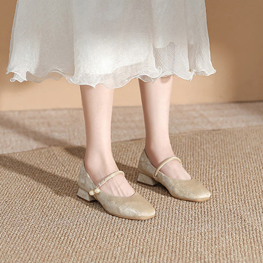 Women's Chinese-Style Square-Toe Mary Jane Flats – Microfiber Chunky-Heel Casual Shoes