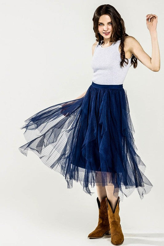 Waterfall PolkaDot Mesh Ruffle Midi Skirt