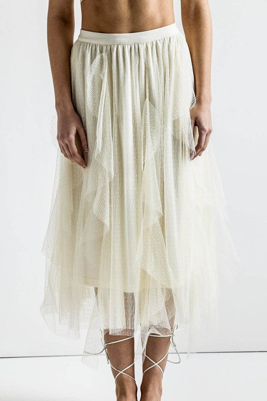 Waterfall PolkaDot Mesh Ruffle Midi Skirt