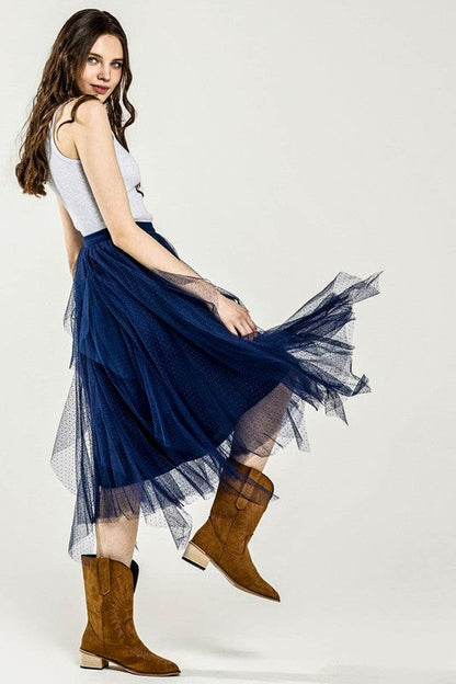 Waterfall PolkaDot Mesh Ruffle Midi Skirt