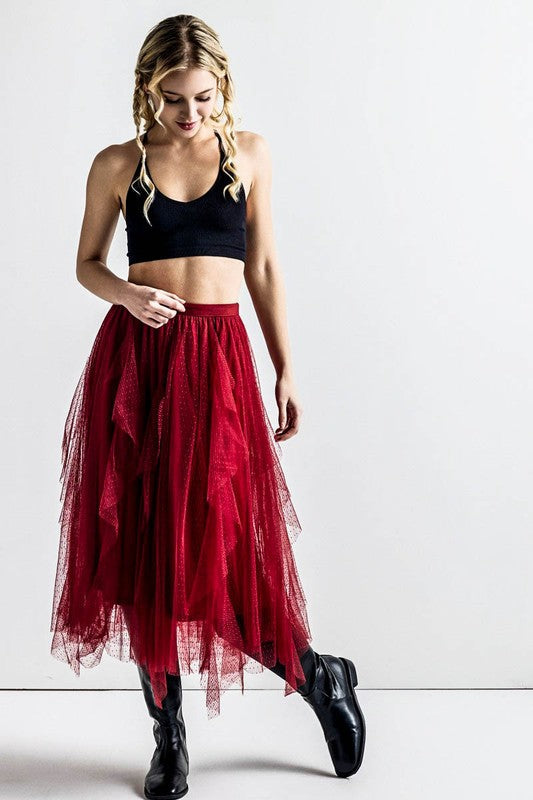 Waterfall PolkaDot Mesh Ruffle Midi Skirt