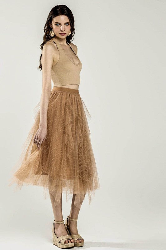 Waterfall PolkaDot Mesh Ruffle Midi Skirt