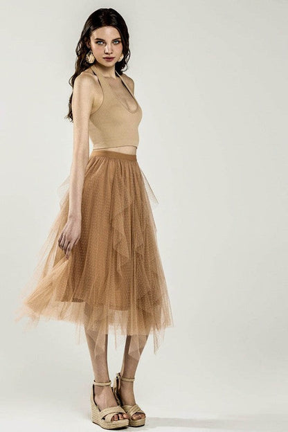 Waterfall PolkaDot Mesh Ruffle Midi Skirt