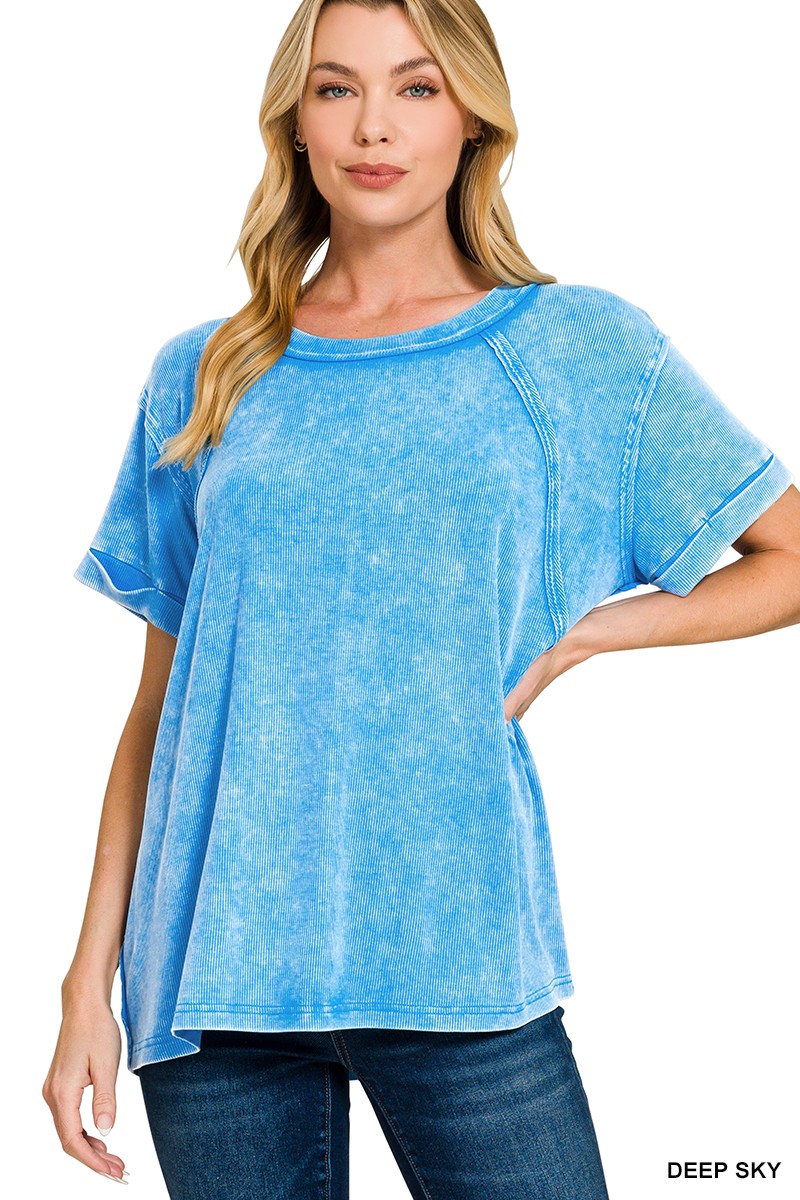Zenana Washed Ribbed Cuffed Short Sleeve Round Neck Top