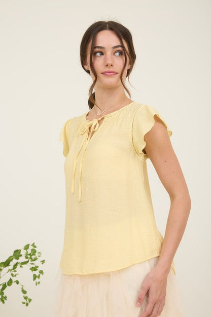 Ladder Lace Trim Front Tie Ruffle Sleeve Top - Light Yellow