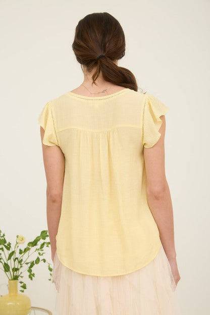 Ladder Lace Trim Front Tie Ruffle Sleeve Top - Light Yellow