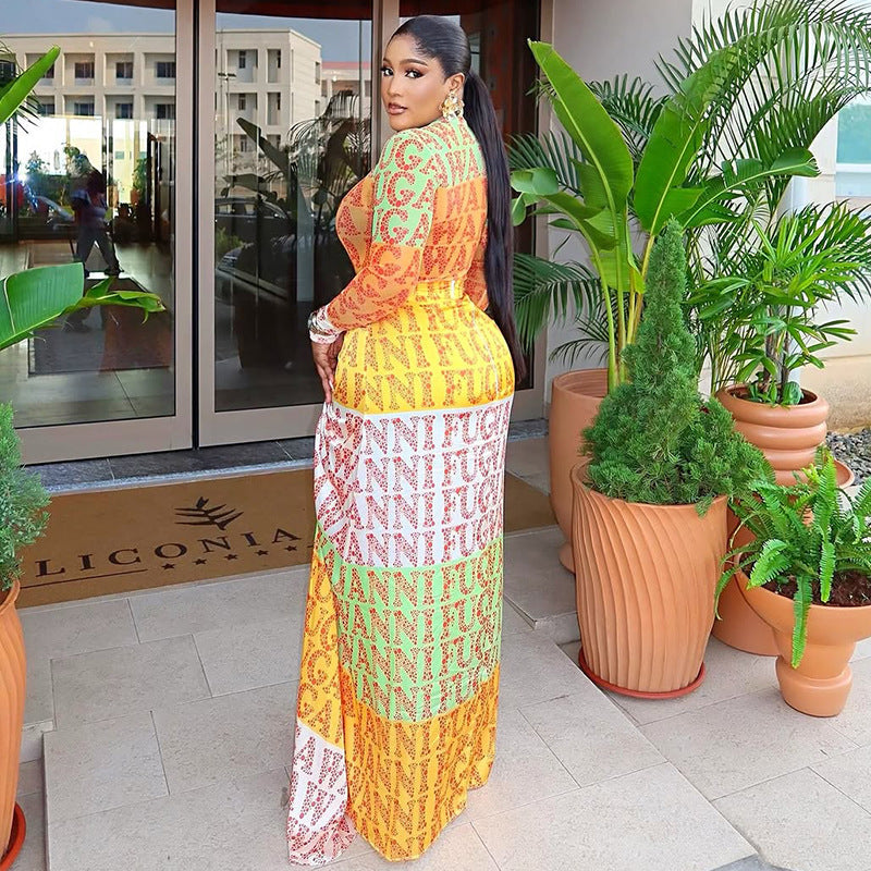 Waist-cinching High-neck Long-sleeve Spliced Slightly Sheer Dress