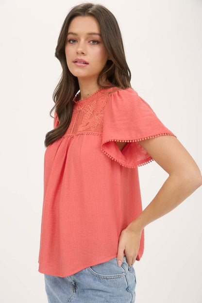 Sheer Lace Yoke Short Sleeve Pom Pom Blouse