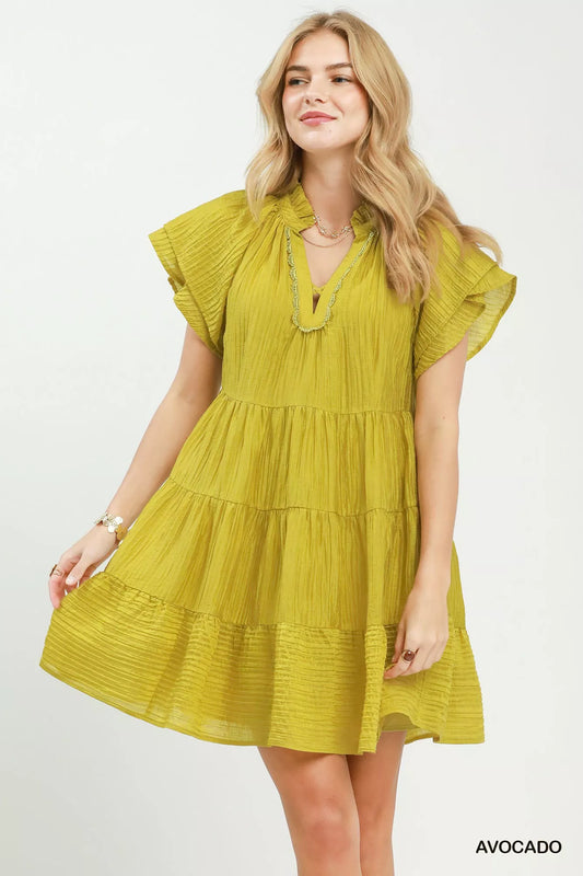 Umgee Tiered Ruffle Sleeve Textured Mini Dress