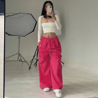 Women's High-Waist Lace-Up Straight-Leg Cargo Pants – Loose Fit