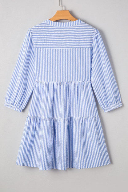Stripe 3/4 Sleeve Pocketed Tiered Dress