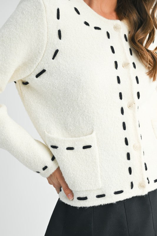 Stitched Detail Cropped Boucle Cardigan