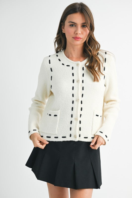 Stitched Detail Cropped Boucle Cardigan