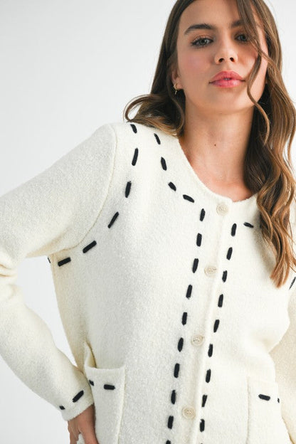 Stitched Detail Cropped Boucle Cardigan