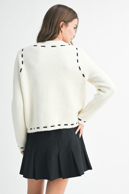 Stitched Detail Cropped Boucle Cardigan