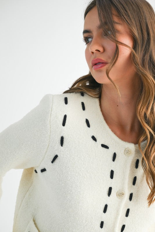 Stitched Detail Cropped Boucle Cardigan
