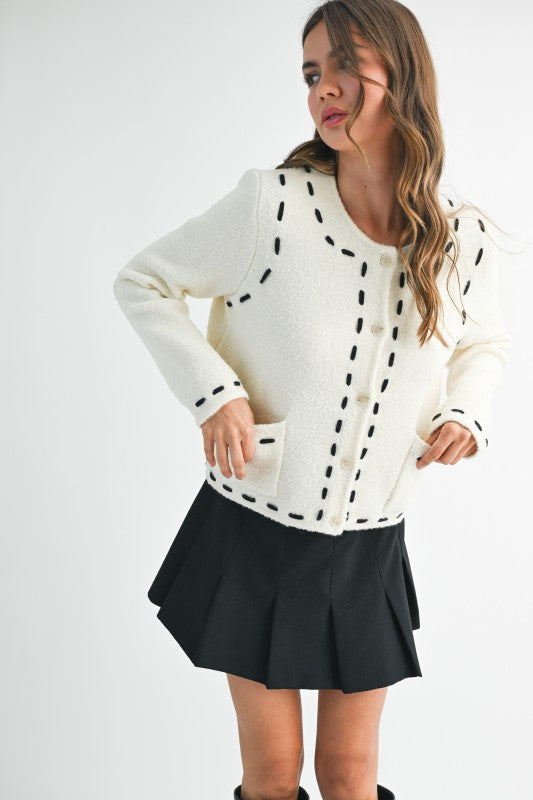 Stitched Detail Cropped Boucle Cardigan