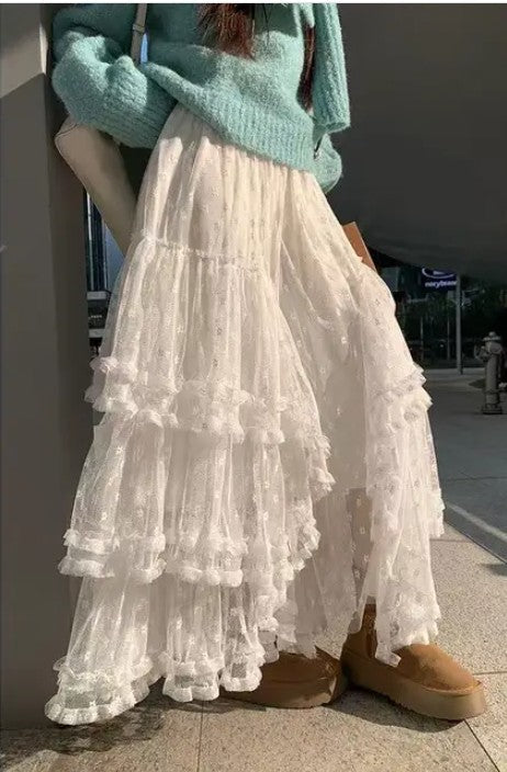 Miss Sparkling |Lace Ruffle Mesh Maxi Skirt