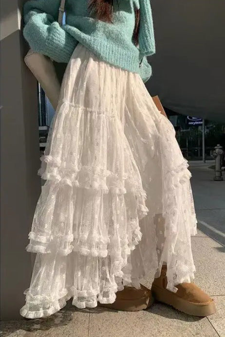 Lace ruffle mesh maxi skirt