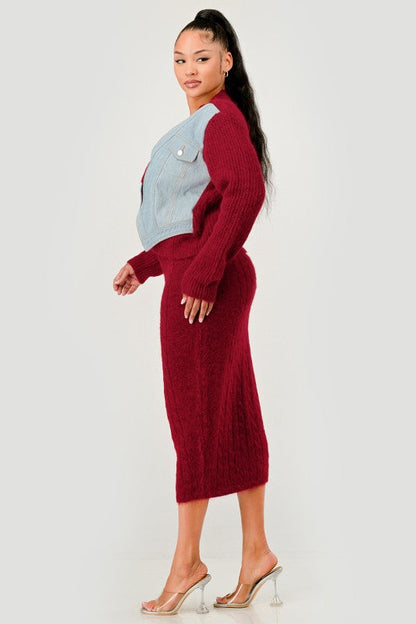 Denim Patchwork Knit Two-Piece Skirt Set See size chart under “more details”