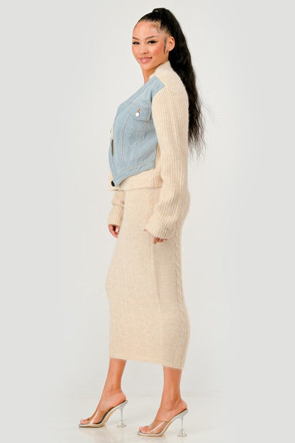 Denim Patchwork Knit Two-Piece Skirt Set See size chart under “more details”
