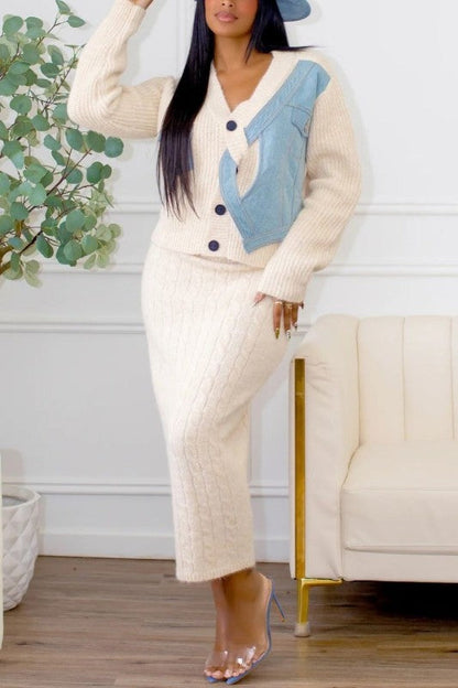 Denim Patchwork Knit Two-Piece Skirt Set See size chart under “more details”