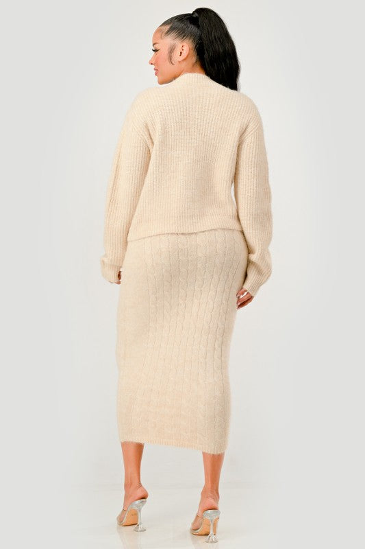 Denim Patchwork Knit Two-Piece Skirt Set See size chart under “more details”