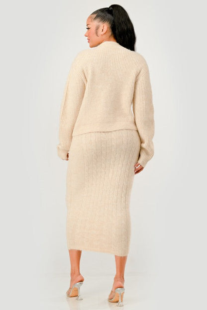 Denim Patchwork Knit Two-Piece Skirt Set See size chart under “more details”