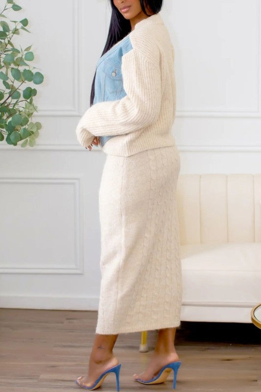 Denim Patchwork Knit Two-Piece Skirt Set See size chart under “more details”