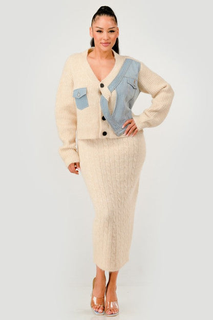 Denim Patchwork Knit Two-Piece Skirt Set See size chart under “more details”