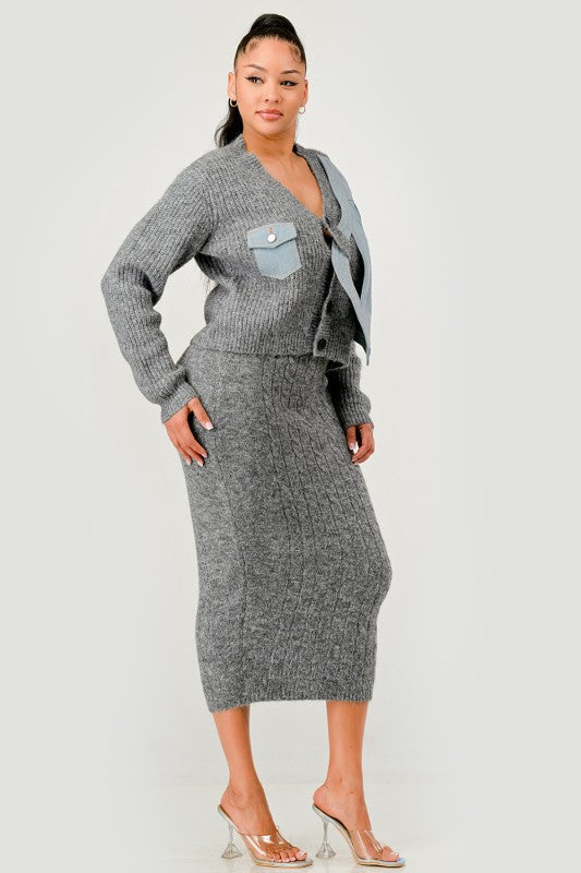 Denim Patchwork Knit Two-Piece Skirt Set See size chart under “more details”